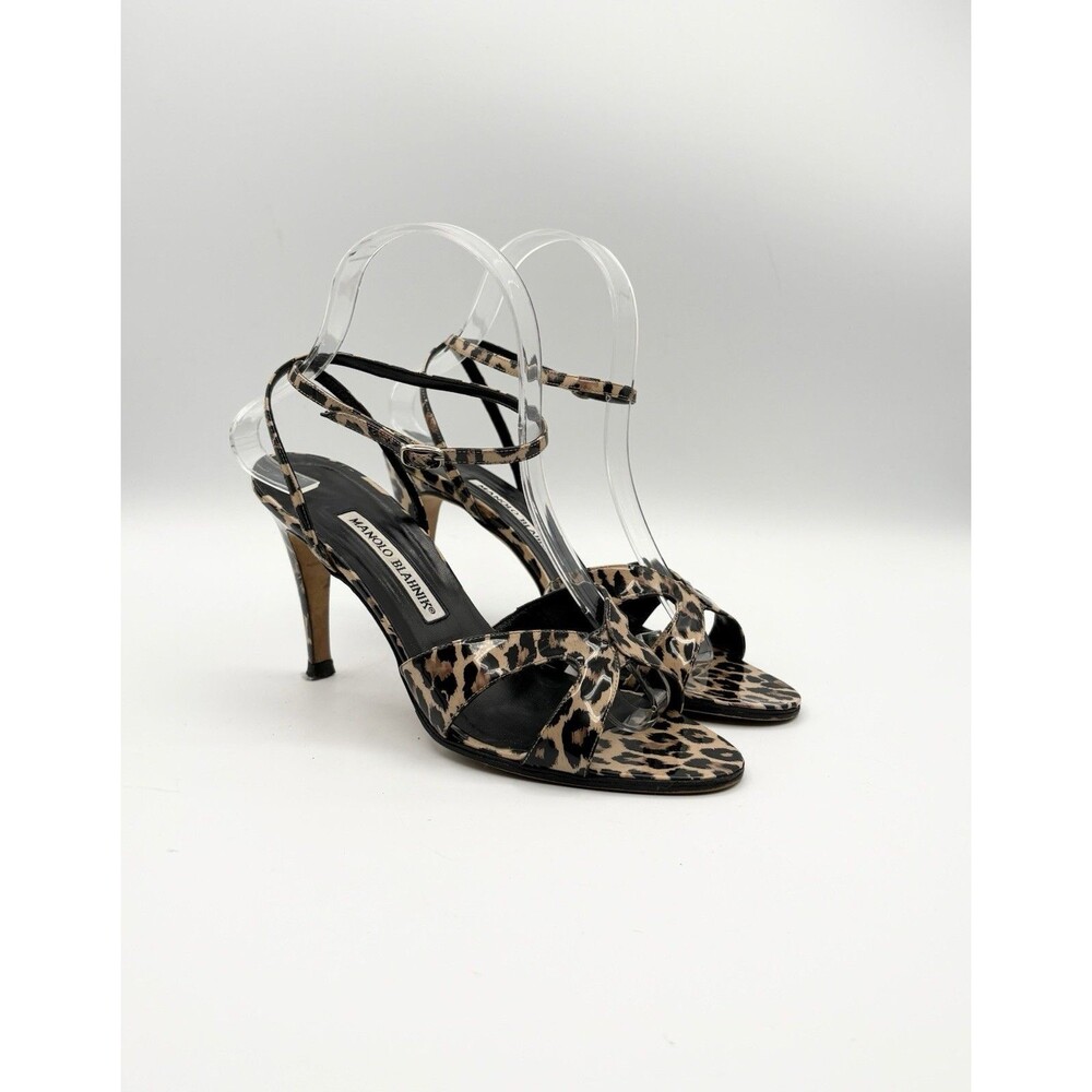 Manolo Blahnik Cheetah Print Patent Leather Strappy Sandal Heels Size EU 37